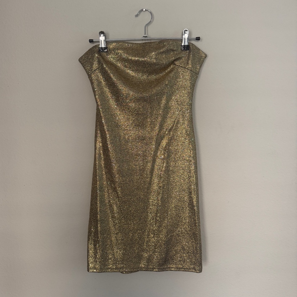 Gold Metallic Strapless Dress with Open Back NWT